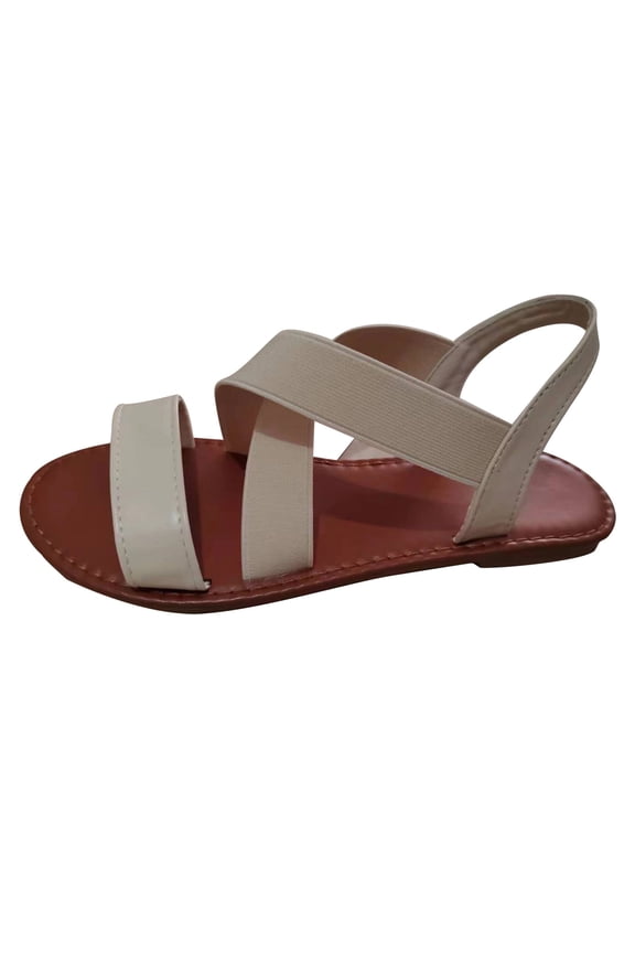 Flat Sandals for Women Cross Elastic Straps Slip on Open Toe Solid Color Comfortable Non Slip Breathable Beach Summer Leather Sandals Beige