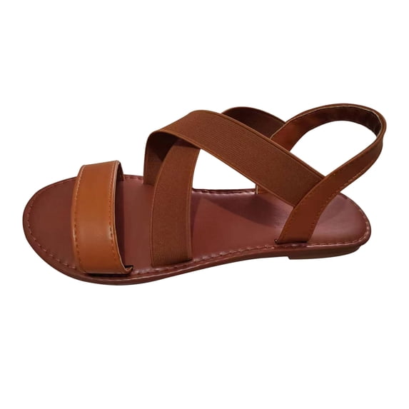 Xfvqtps Flat Sandals for Women Cross Elastic Straps Slip on Open Toe Solid Color Comfortable Non Slip Breathable Beach Summer Leather Sandals Brown