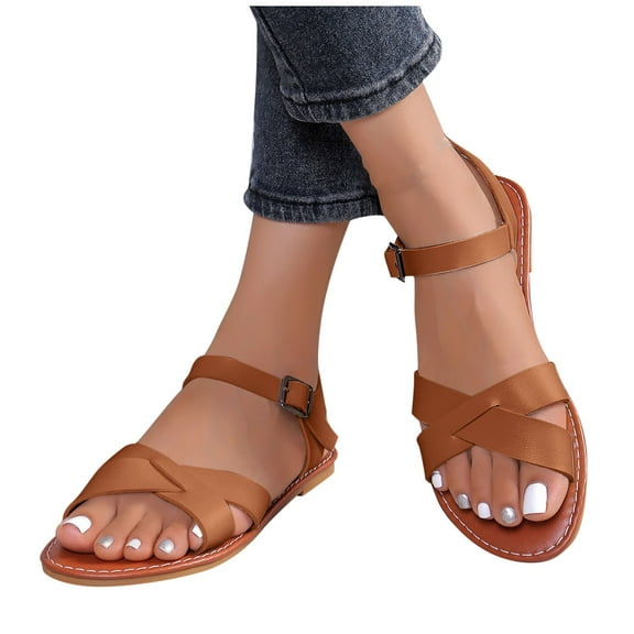 Xfvqtps Flat Sandals for Women Cross Straps Open Toe Adjustable Buckle Non Slip Beach Roman Sandals Brown