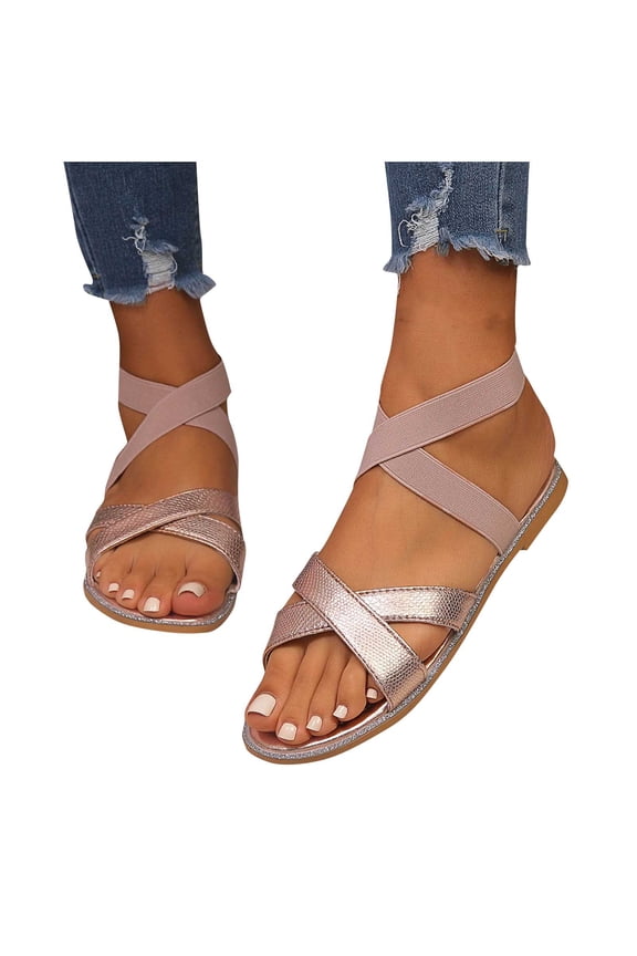 Flat Sandals for Women Elastic Cross Straps Open Toe Non Slip Beach Roman Sandals Multicolor