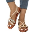 thumbnail image 1 of Xfvqtps Flat Sandals for Women Elastic Print Cross Weave Straps Rhinestone Open Toe Non Slip Beach Roman Sandals Beige, 1 of 9