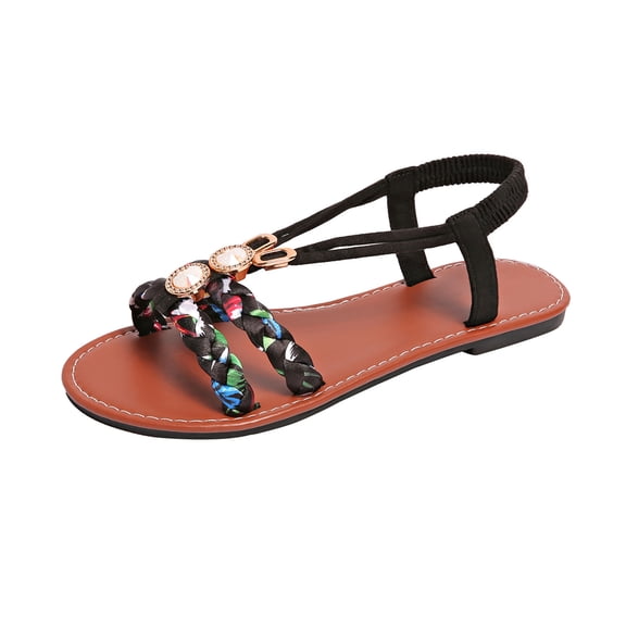 Xfvqtps Flat Sandals for Women Elastic Print Cross Weave Straps Rhinestone Open Toe Non Slip Beach Roman Sandals Black