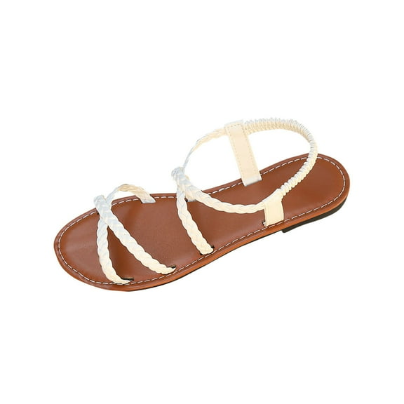 Xfvqtps Flat Sandals for Women Elastic Strap Weaving Cross Straps Solid Color Open Toe Non Slip Beach Roman Sandals White
