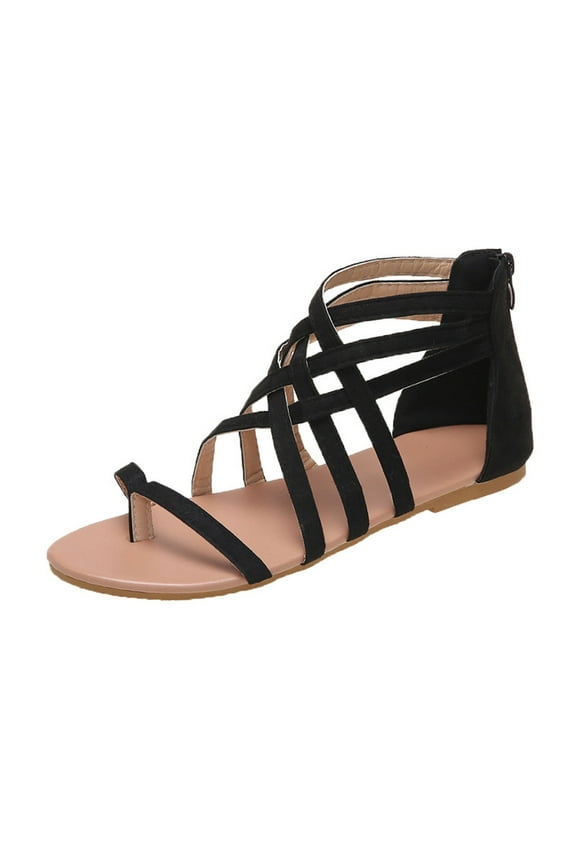 Flat Sandals for Women Gladiator Clip Toe Crisscross Straps Back Zipper Thong Strappy Sandals Black