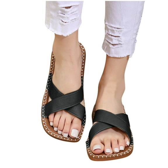 Xfvqtps Flat Sandals for Women Slide Cross Straps Open Square Toe Leather Retro Non Slip Breathable Beach Summer Slide Sandals Black