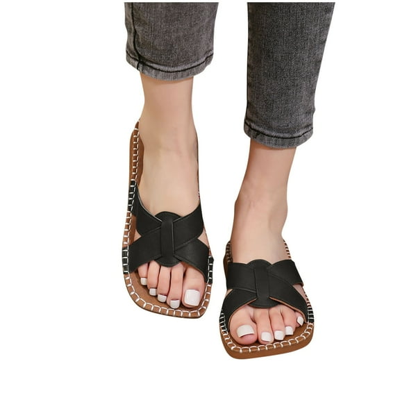 Xfvqtps Flat Sandals for Women Slide Open Square Toe Cross Straps Leather Soft Sole Non Slip Breathable Beach Summer Slide Sandals Black