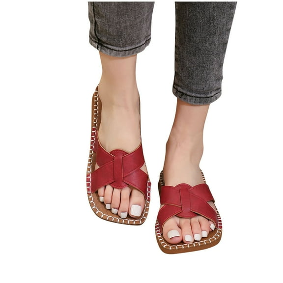Xfvqtps Flat Sandals for Women Slide Open Square Toe Cross Straps Leather Soft Sole Non Slip Breathable Beach Summer Slide Sandals Red