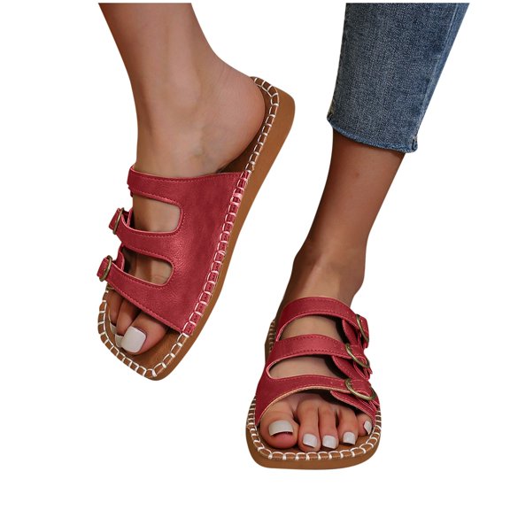 Xfvqtps Flat Sandals for Women Slide Open Square Toe Three Buckle Straps Leather Soft Sole Non Slip Breathable Beach Summer Slide Sandals Wine