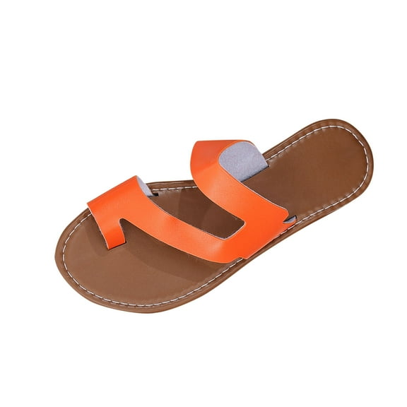 Xfvqtps Flat Sandals for Women Slide Toe Ring Side Cutout Solid Color Leather Shoe Upper Non Slip Breathable Beach Summer Slide Sandals Orange