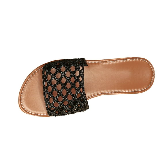 Xfvqtps Flat Sandals for Women Slide Weaving Shoe Upper Hollow out Open Toe Non Slip Breathable Holiday Beach Summer Slide Sandals Black