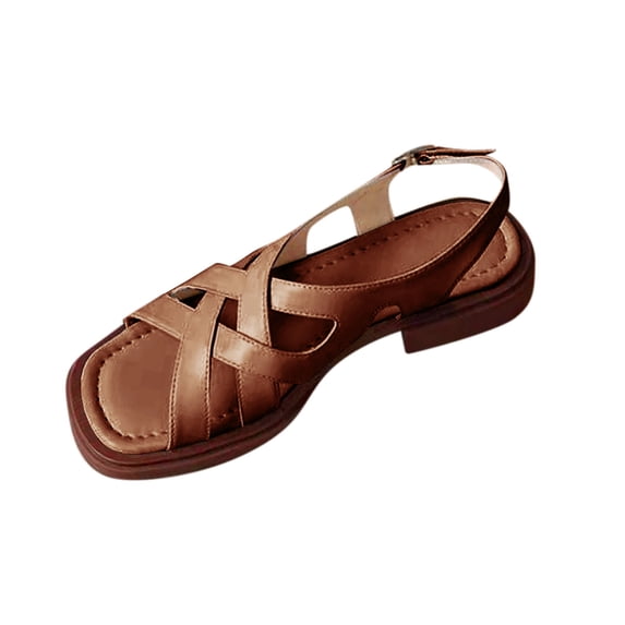 Xfvqtps Flat Sandals for Women Slingback Adjustable Buckle Strap Crisscross Straps Open Square Toe Non Slip Beach Roman Sandals Brown