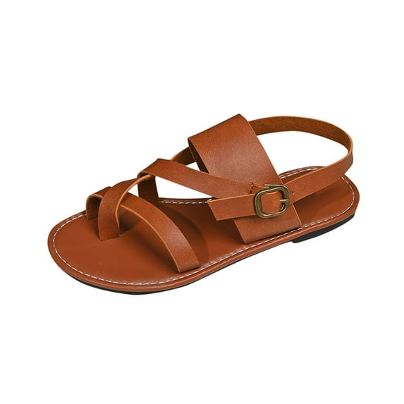 Xfvqtps Flat Sandals for Women Slingback Adjustable Buckle Strap Toe Ring Cross Straps Solid Color Non Slip Beach Roman Sandals Brown