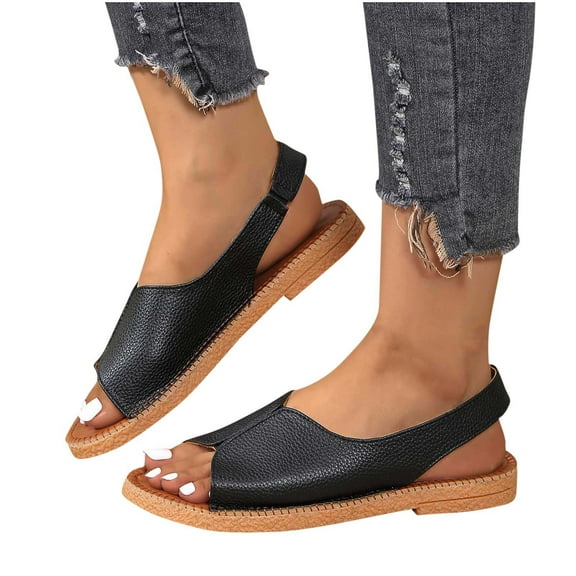 Xfvqtps Flat Sandals for Women Slingback Slip on Open Toe Split Joint Solid Color Leather Summer Sandals Black