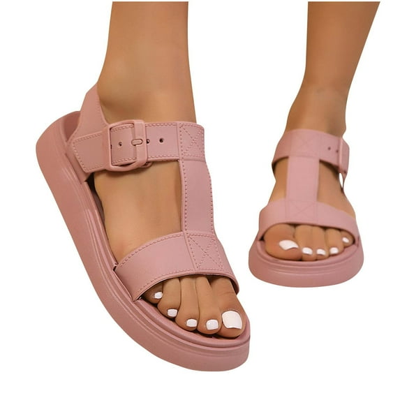 Xfvqtps Flat Sandals for Women Thick Sole Adjustable Buckle Open Toe Solid Color Beach Summer Sandals Pink