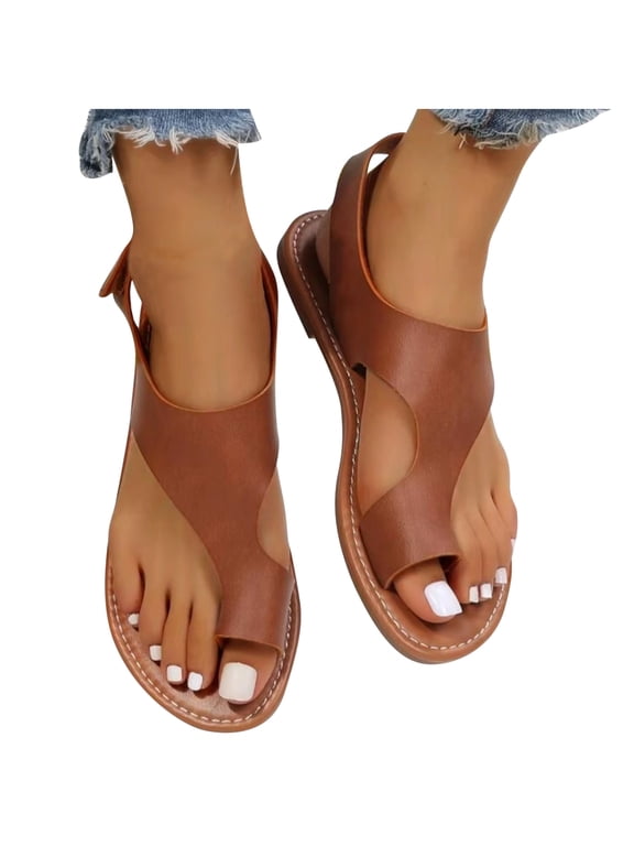 Flat Sandals for Women Toe Ring Clip Toe Cut out Slingback Hook and Loop Strap Non Slip Lightweight Summer Leather Sandals Brown