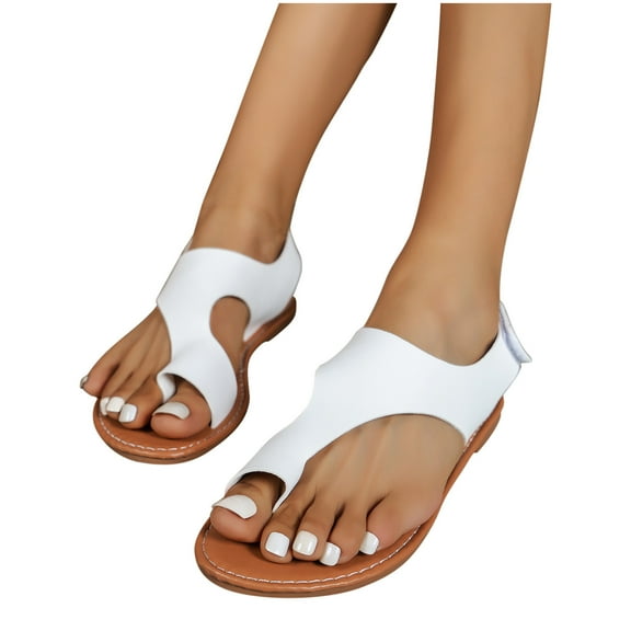 Xfvqtps Flat Sandals for Women Toe Ring Clip Toe Cut out Slingback Hook and Loop Strap Non Slip Lightweight Summer Leather Sandals White