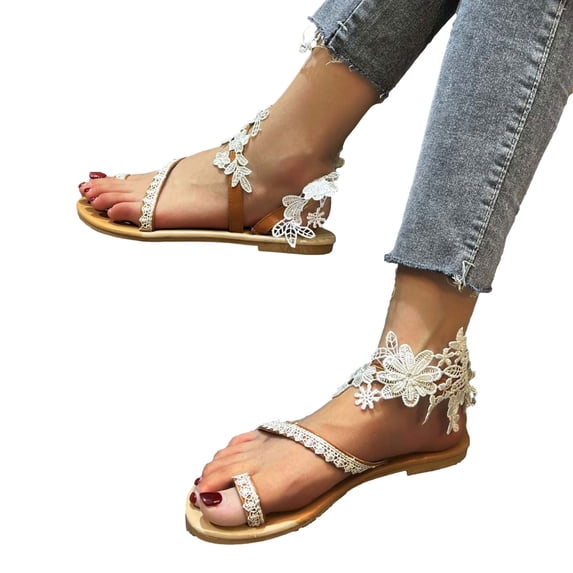 Xfvqtps Flat Sandals for Women Toe Ring Clip Toe Flower Lace Decor Slip on Slide Elegant Non Slip Breathable Wedding Summer Roman Sandals White