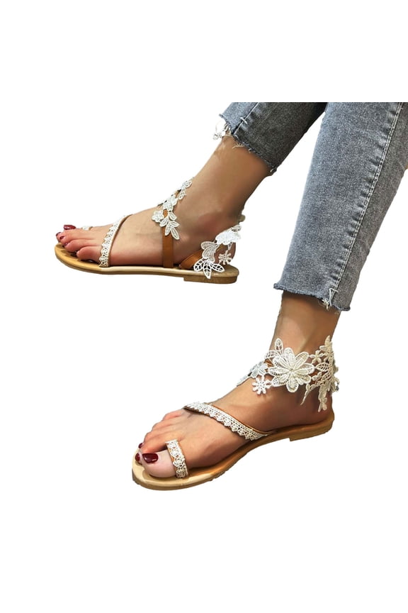 Flat Sandals for Women Toe Ring Clip Toe Flower Lace Decor Slip on Slide Elegant Non Slip Breathable Wedding Summer Roman Sandals White