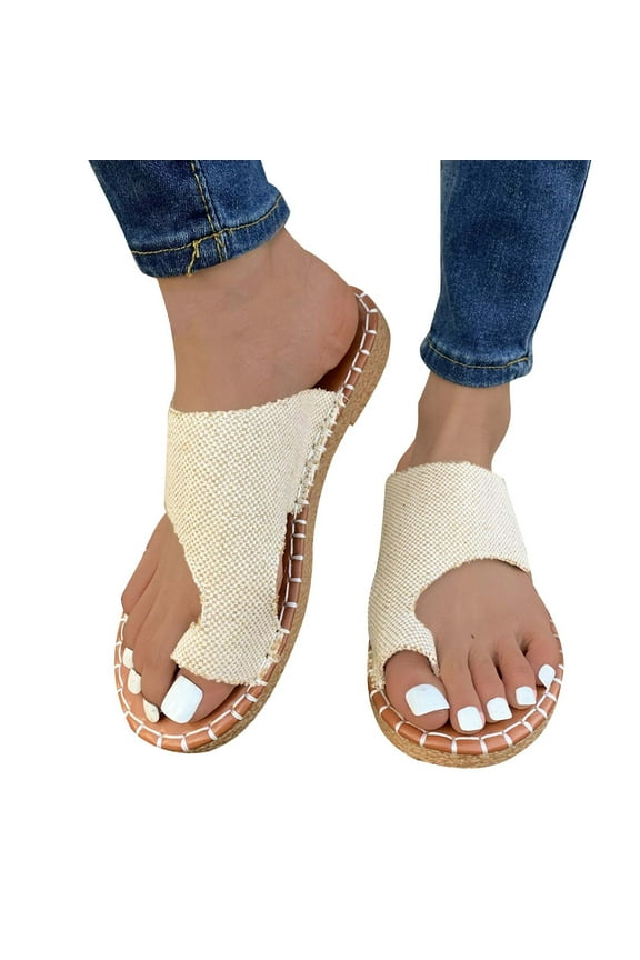 Flat Sandals for Women Toe Ring Clip Toe Retro Denim Leopard Print Cut out Slide Non Slip Lightweight Summer Sandals Beige