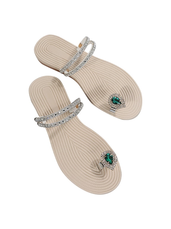 Flat Sandals for Women Toe Ring Clip Toe Rhinestone Decor Sparkly Slide Slip on Dressy Wedding Non Slip Summer Sandals Green