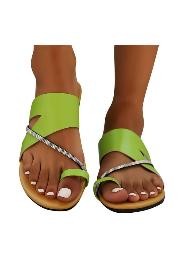 Flat Sandals for Women Toe Ring Clip Toe Slide Rhinestone Decoration Straps Cut out Simple Non Slip Lightweight Summer Sandals Green