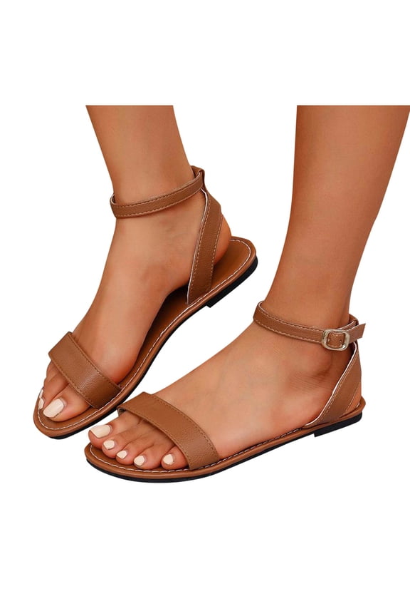 Flat Sandals for Womens Ankle Buckle Strap Open Toe Leather Solid Color Summer Roman Sandals Brown