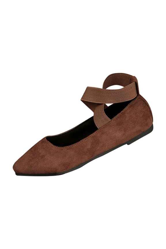 Flat Sandals for Womens Ankle Cross Elastic Straps Pointy Toe Suede Solid Color Spring Fall Summer Flats Brown