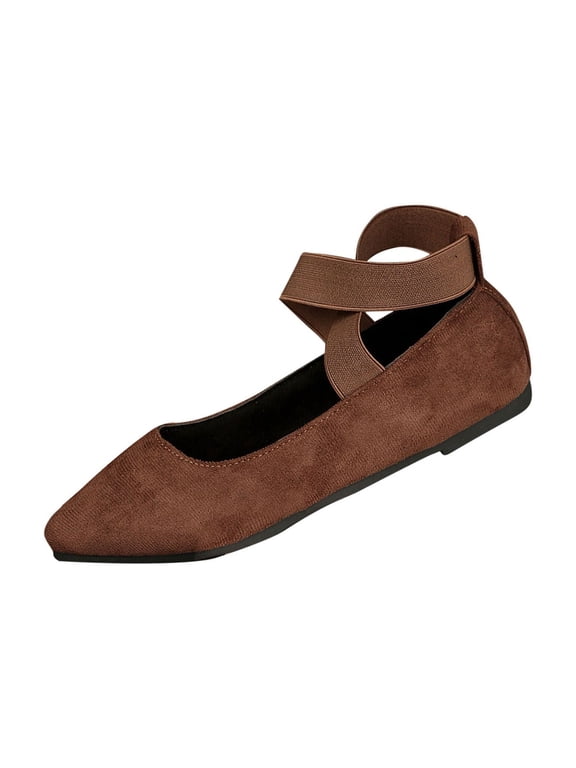 Flat Sandals for Womens Ankle Cross Elastic Straps Pointy Toe Suede Solid Color Spring Fall Summer Flats Brown