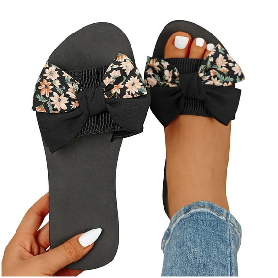 Xfvqtps Flat Sandals for Womens Bow Decor Flower Print Flatform Slip on Slide Open Toe Soft Sole Non Slip Casual Beach Summer EVA Sandals Black