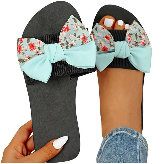 Xfvqtps Flat Sandals for Womens Bow Decor Flower Print Flatform Slip on Slide Open Toe Soft Sole Non Slip Casual Beach Summer EVA Sandals Green