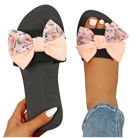 Xfvqtps Flat Sandals for Womens Bow Decor Flower Print Flatform Slip on Slide Open Toe Soft Sole Non Slip Casual Beach Summer EVA Sandals Pink