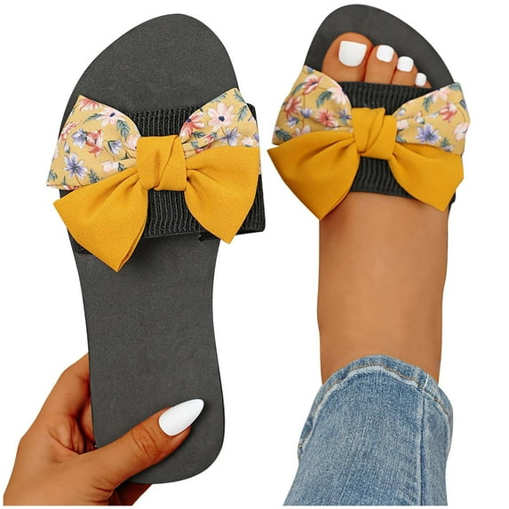 Xfvqtps Flat Sandals for Womens Bow Decor Flower Print Flatform Slip on Slide Open Toe Soft Sole Non Slip Casual Beach Summer EVA Sandals Yellow