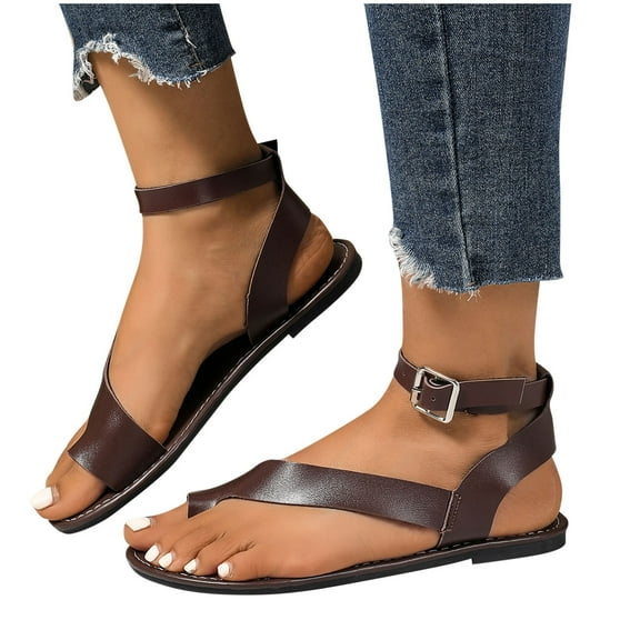Xfvqtps Flats Sandals for Women Ankle Buckle Strap Toe Ring Non Slip Comfortable Breathable Beach Summer Sandals Brown