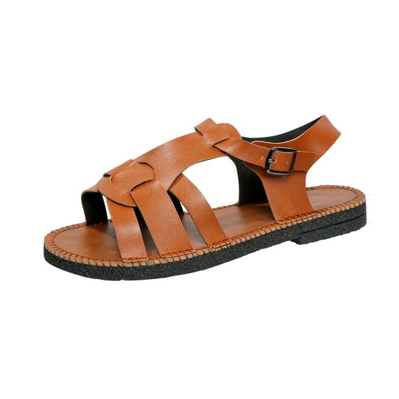 Xfvqtps Flats Sandals for Women Slingback Buckle Strap Cross Straps Leather Non Slip Beach Sandals Brown