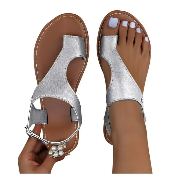 Xfvqtps Flats Sandals for Women Slingback Buckle Strap Toe Ring Non Slip Beach Summer Leather Sandals Silver