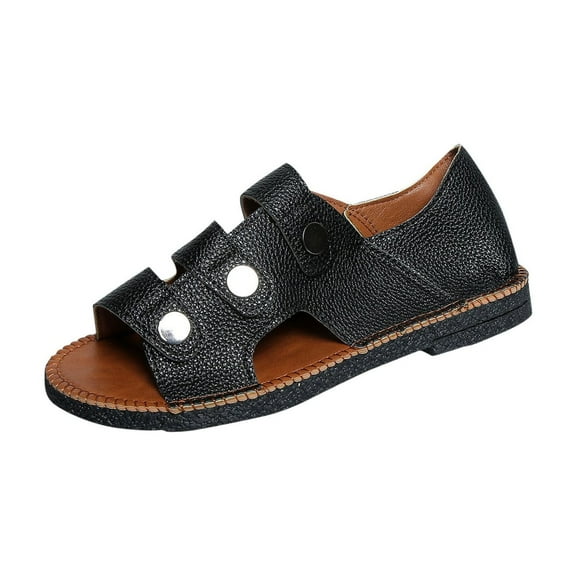 Xfvqtps Flats Sandals for Women Slip on Open Toe Three Straps Side Cutout Non Slip Breathable Beach Summer Leather Sandals Black