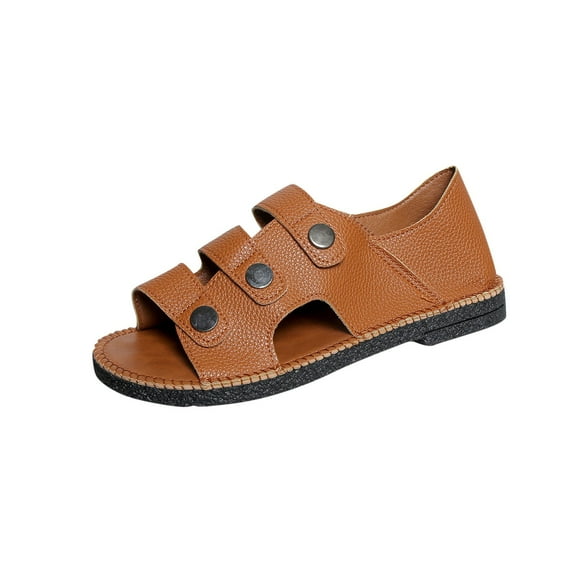 Xfvqtps Flats Sandals for Women Slip on Open Toe Three Straps Side Cutout Non Slip Breathable Beach Summer Leather Sandals Brown
