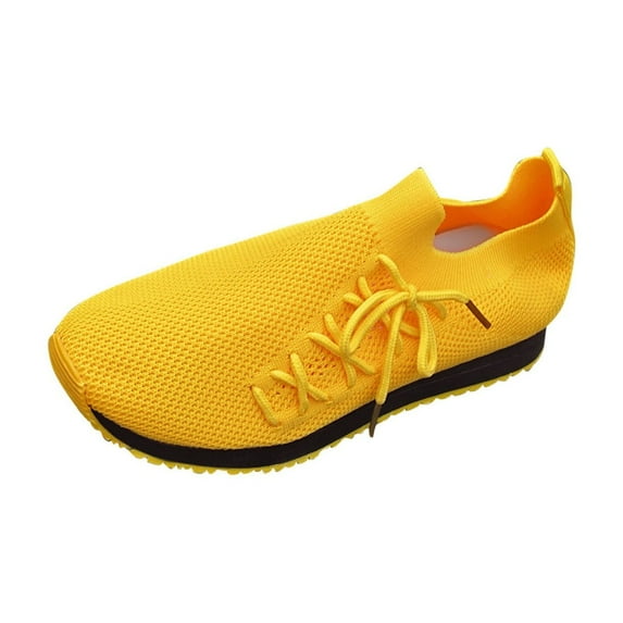 Xfvqtps Flats for Women Mesh Knit Slip on Lace up Soft Sole Non Slip Hollow out Breathable Summer Walking Sneakers Yellow