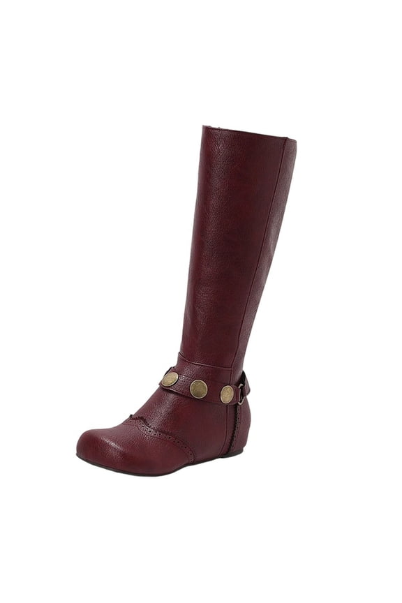 Fleece Lined Knee High Boots for Women Flat Warm Winter Boots with Belt Buckle Comfortable Hidden Wedge Heel Casual Boots Wine
