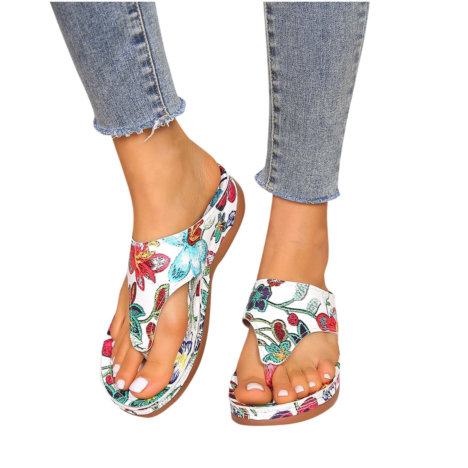 Flip Flops for Women Slide Wedge Orthopedic Arch Support Colorful Flower Print Soft Sole Non Slip Comfortable Walking Beach Summer Sandals White