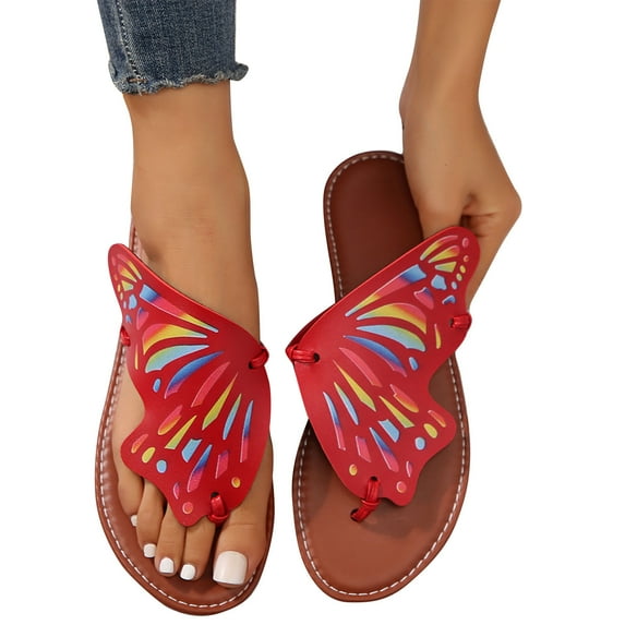 Xfvqtps Flip Flops for Women Flat Butterfly Decor Soft Sole Comfortable Non Slip Beach Summer Slippers Red