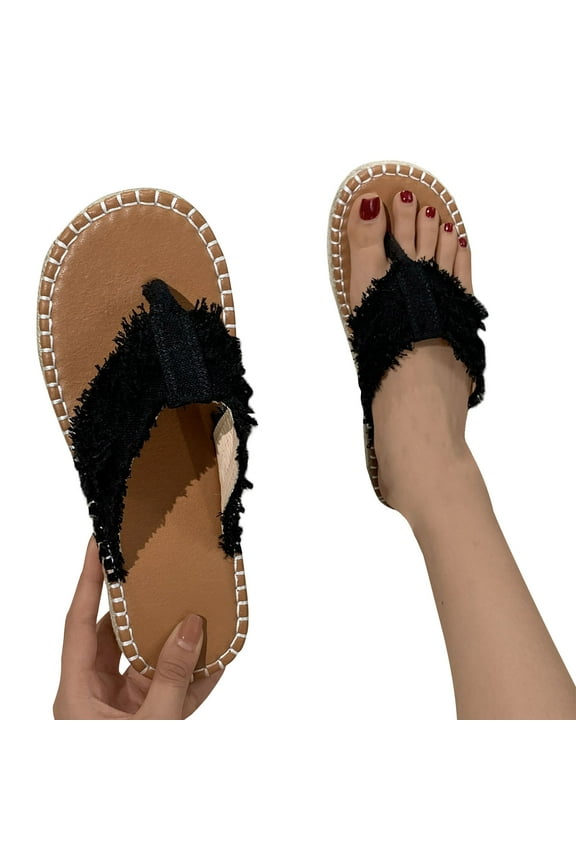 Flip Flops for Women Flat Weave Clip Toe Slip on Slide Denim Retro Soft Sole Non Slip Casual Beach Summer Sandals Black