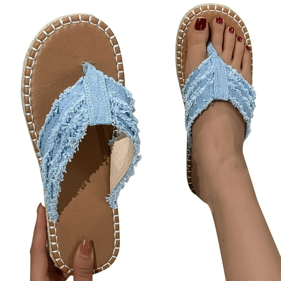 Xfvqtps Flip Flops for Women Flat Weave Clip Toe Slip on Slide Denim Retro Soft Sole Non Slip Casual Beach Summer Sandals Blue