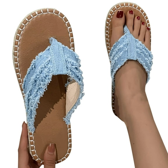 Xfvqtps Flip Flops for Women Flat Weave Clip Toe Slip on Slide Denim Retro Soft Sole Non Slip Casual Beach Summer Sandals Blue