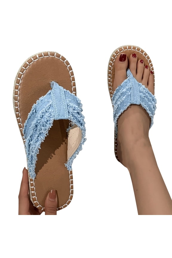 Flip Flops for Women Flat Weave Clip Toe Slip on Slide Denim Retro Soft Sole Non Slip Casual Beach Summer Sandals Blue