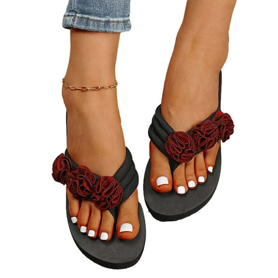 Xfvqtps Flip Flops for Women Flatform Flower Decor Slide Slip on Soft Sole Non Slip Comfortable Casual Fashion Beach Summer EVA Sandals Wine
