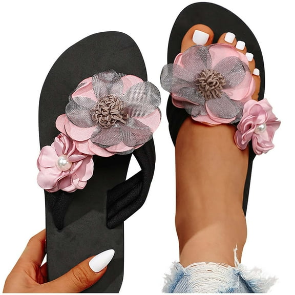 Xfvqtps Flip Flops for Women Flatform Pink Flower Decor Slide Slip on Soft Sole Comfortable Non Slip Casual Beach Outdoor Summer EVA Sandals Pink