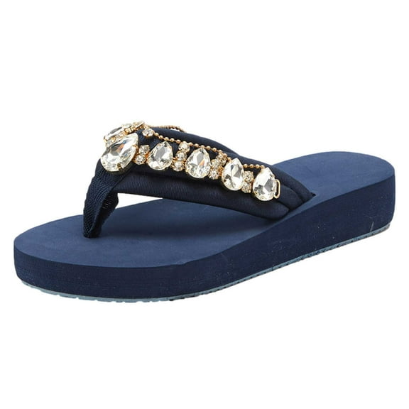 Xfvqtps Flip Flops for Women Flatform Rhinestone Chain Decor Blingbling Sparkly Slip on Slide Soft Sole Non Slip Casual Beach Summer EVA Sandals Navy