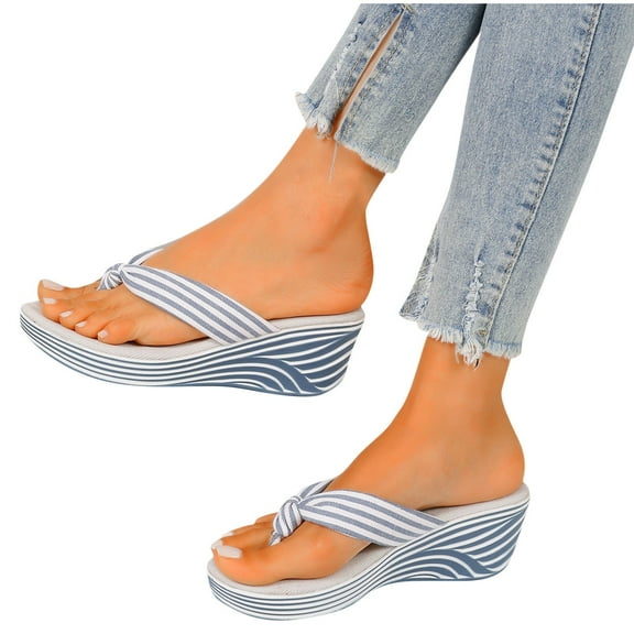 Xfvqtps Flip Flops for Women Slide Wedge Arch Support Stripe Soft Sole Non Slip Comfortable Walking Beach Summer Sandals Blue