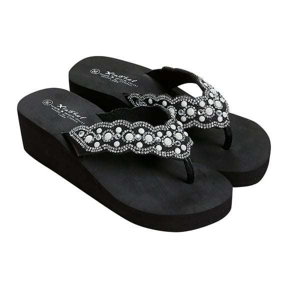 Xfvqtps Flip Flops for Women Wedge Rhinestone Decor Slip on Slide Soft Sole Non Slip Casual Beach Summer EVA Sandals Black
